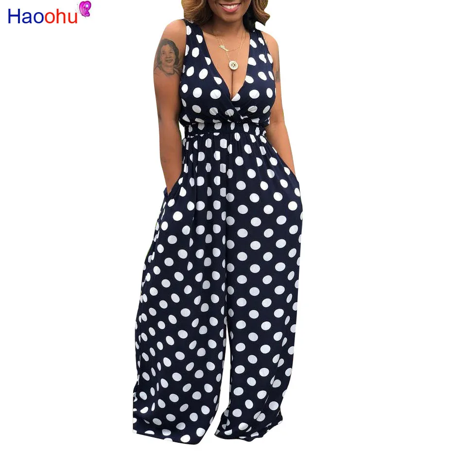

HAOOHU Polka Dot Sexy Jumpsuit Summer New Overalls One Piece Deep-V Neck Wide Leg Pant Casual Rompers Backless Womens Jumpsuits