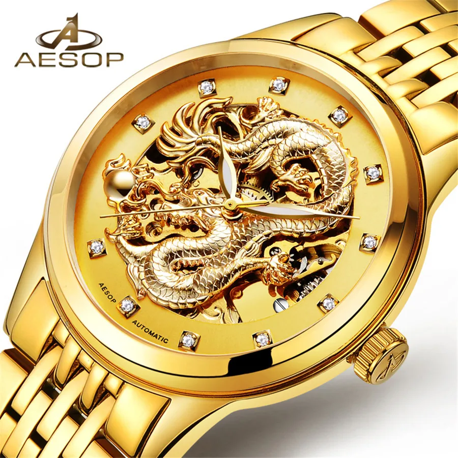 

AESOP Business Mechanical Watches Mens Skeleton Tourbillon Automatic Watch Men Gold Stainless Steel Waterproof Relojes Hombre
