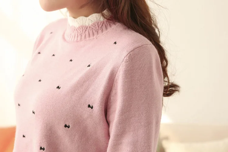 Brand Autumn Women Fashion Lace Turtleneck Pull Femme Solid Cute Bowknot Embroidery Long Sleeve Slim Pullover Sweater 917 | Женская