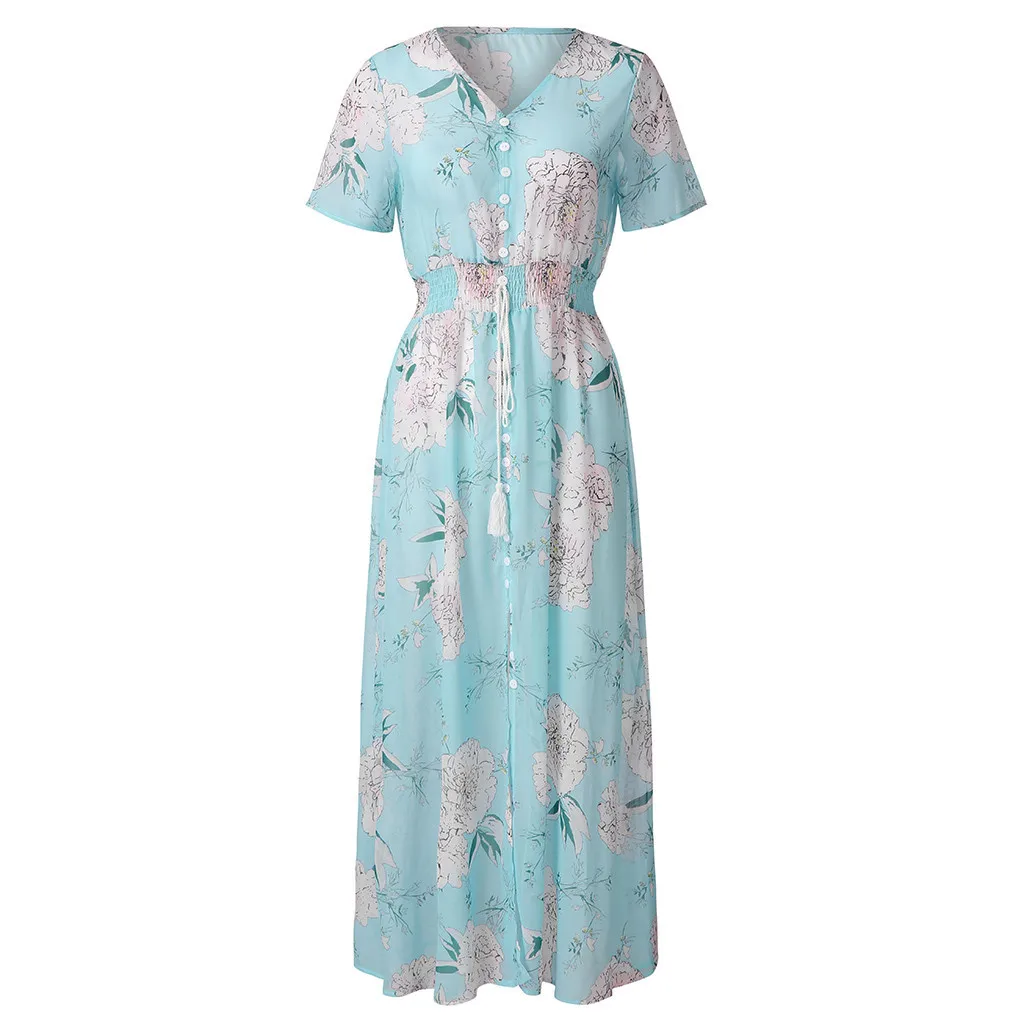 Women Summer Casual Floral Print V-neck Dresses Long Dress Button Up Split Flowy Party Maxi 2*0 | Женская одежда