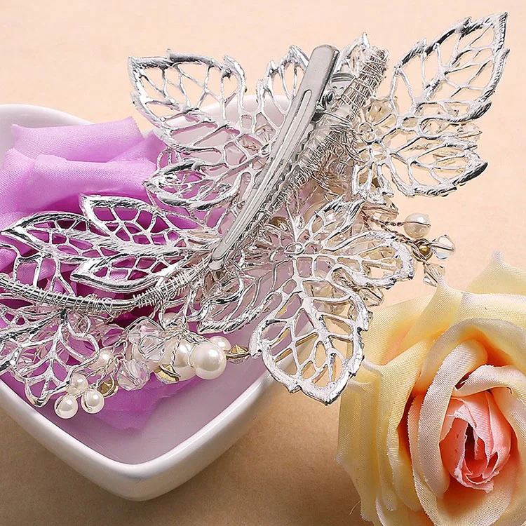 Заколка для волос серебристого цвета с жемчужинами цветами и листьями|wedding hair