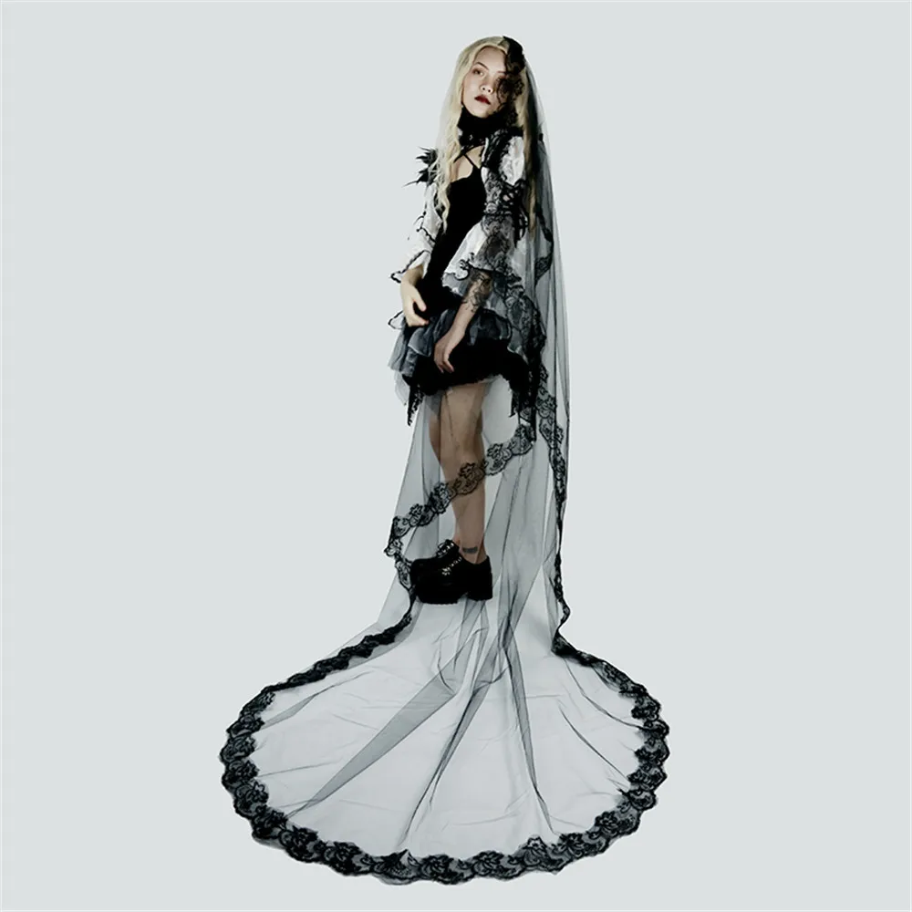 

2021 New Long Black Cathedral Wedding Veils For Brides 3 m Appliques edge Bridal Lace Veil Voile Longue Noir Halloween Costume
