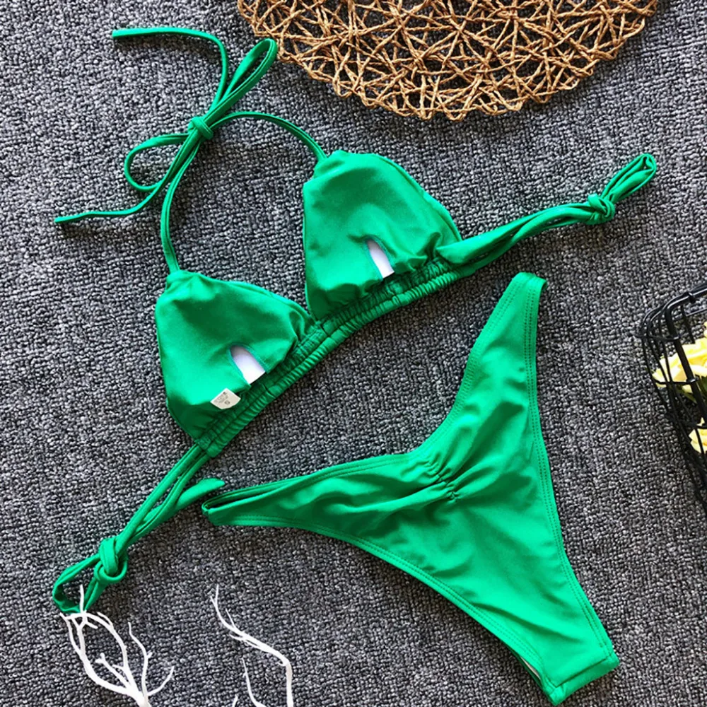 2019 женский однотонный флуоресцентный плиссированный купальник с треугольной