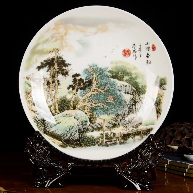 Jingdezhen Ceramic Porcelain Crafts Landscape Pattern Dinner Plates Desktop Ornaments Display Round Dish Office Home Decoration | Дом и сад