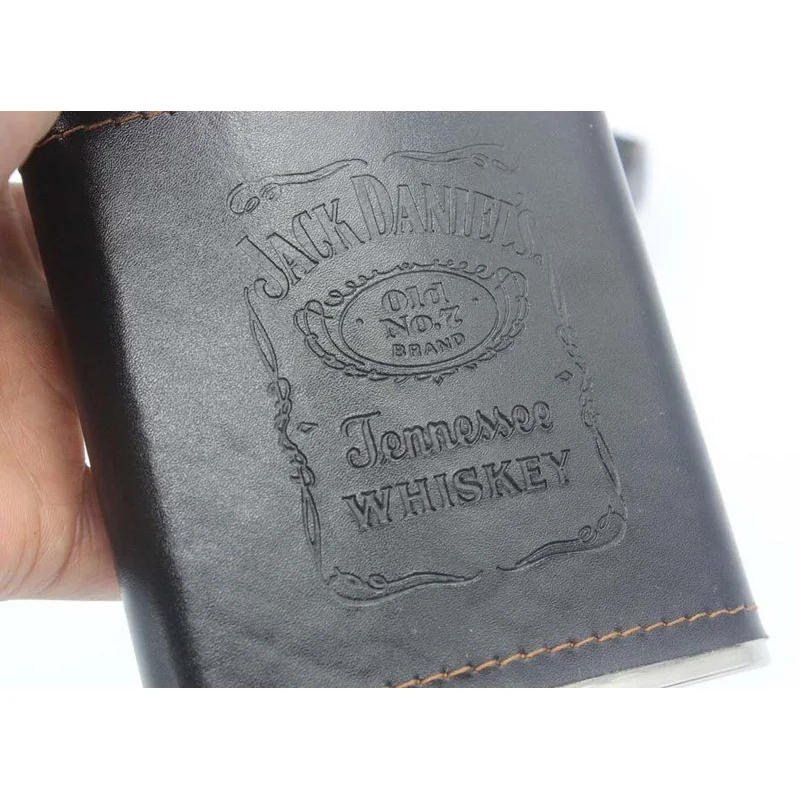 Портативная плоская фляжка 7 унций из нержавеющей стали с кожаной воронкой чашка