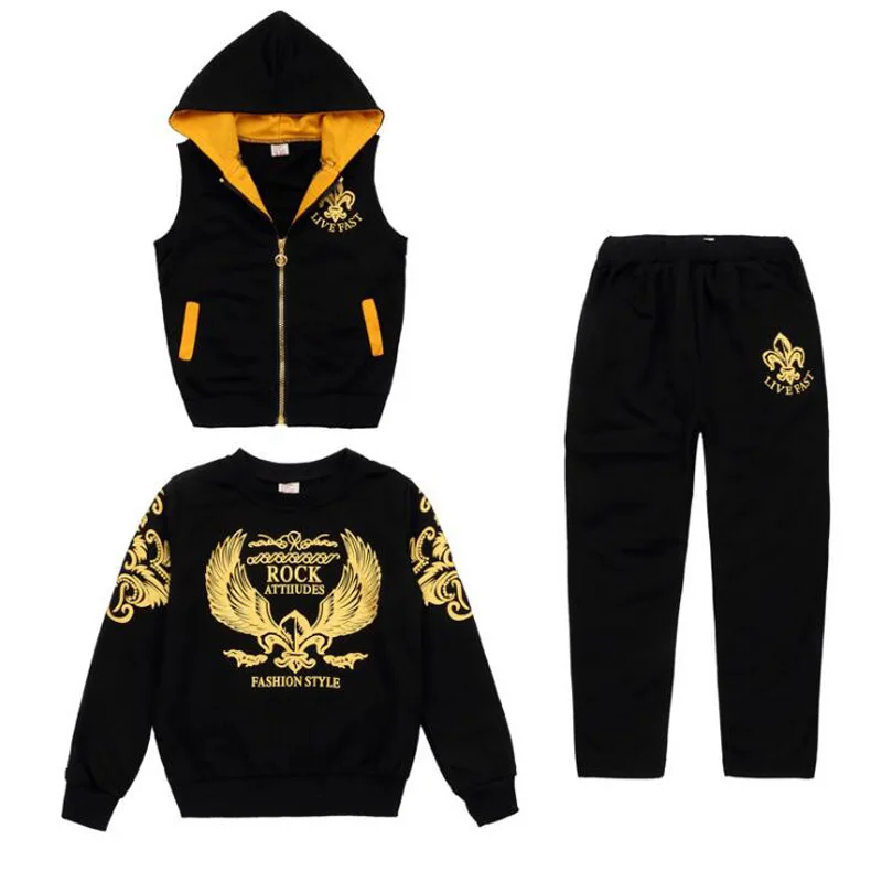 Boys 6-14 Years Sports 3 PCS Set (R Vest + Pullover Hoodies Long Pant) Fashion Soft Cotton Spring Autumn Suits Big Sets | Детская одежда