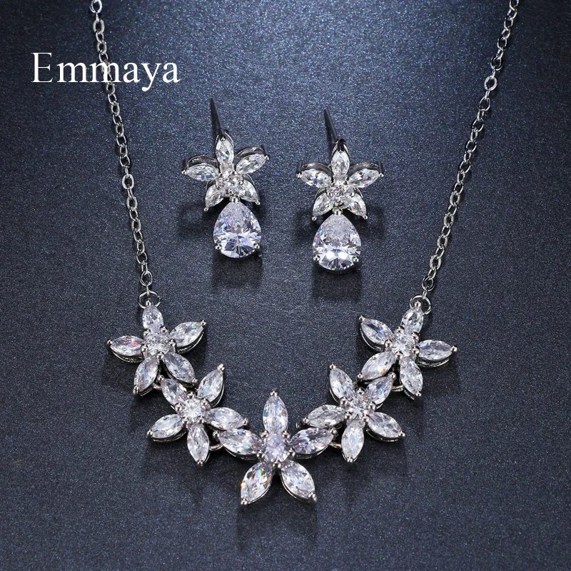 Emmaya Brand Fashion Flower Cubic Zircon Water Drop Pendant Crystal Earrings Necklace Set For Women Elegance Bride Jewelry Gift | Украшения