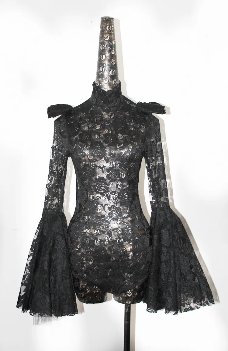 Сексуальный женский костюм певицы Кружевной Костюм динамик рукава боди черный