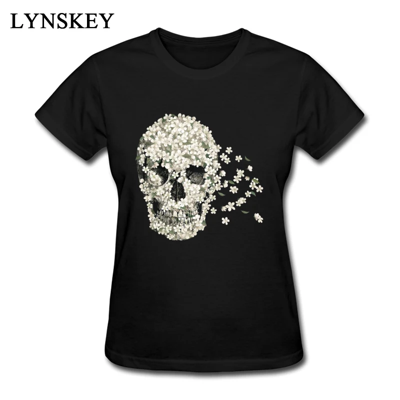 

Black Classic Women Short Sleeve Crew Neck Tee Shirt Online Summer/Autumn New Printing Skull Flower Women Slim Fit T Shirt