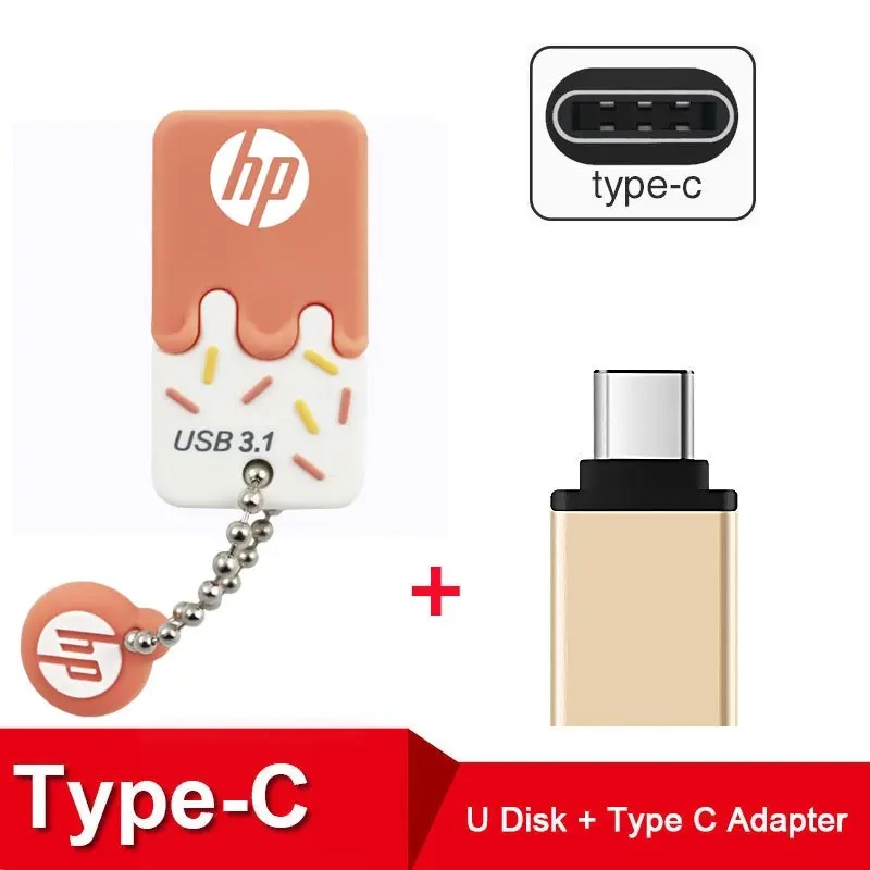 x778w-orange-Type-C Новое поступление hp USB флэш-накопитель 32 Гб 64 Гб 128 ГБ USB3.1 силиконовый мороженое оранжевый цвет Флешка Тип C OTG DJ диск ручка-накопитель - Цвет: x778w-orange-Type-C