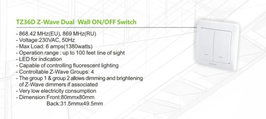 60 шт./лот беспроводной переключатель Z WAVEdimmer TZ36D контроль ВКЛ/ВЫКЛ контроллера