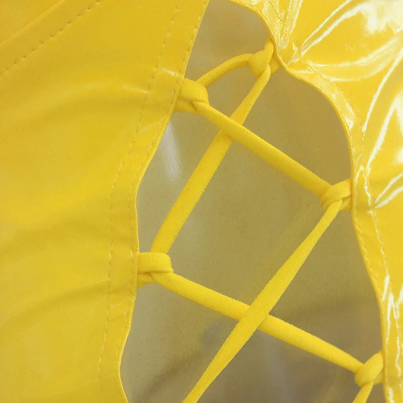 

Women Sexy Strapless PU Leather Club Dress Solid Yellow Hollow Out Bodycon Sexy Mini Party Dresses Vestidos 2019 New Arrival