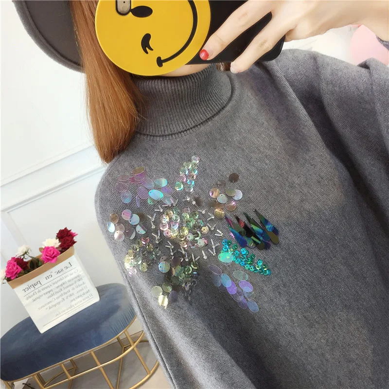 2021 Women Pullover Fashion Autumn Winter Warm Wrap Swing Turtleneck Sweater Long Sleeve Applique Sequins | Женская одежда