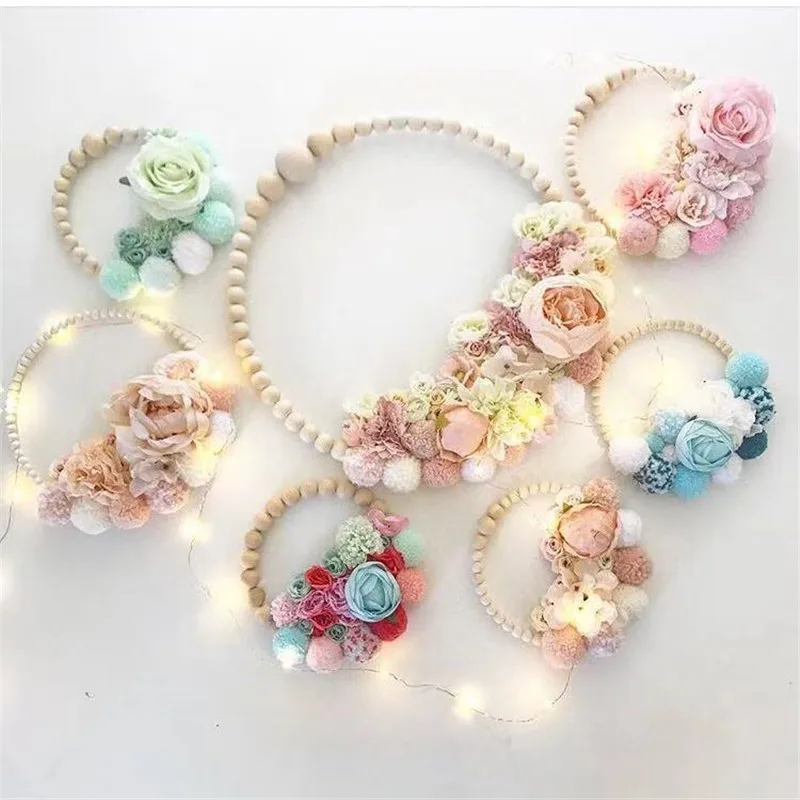 Скандинавский деревянный с меховыми помпонами для кольцо “Цветок” гирлянда