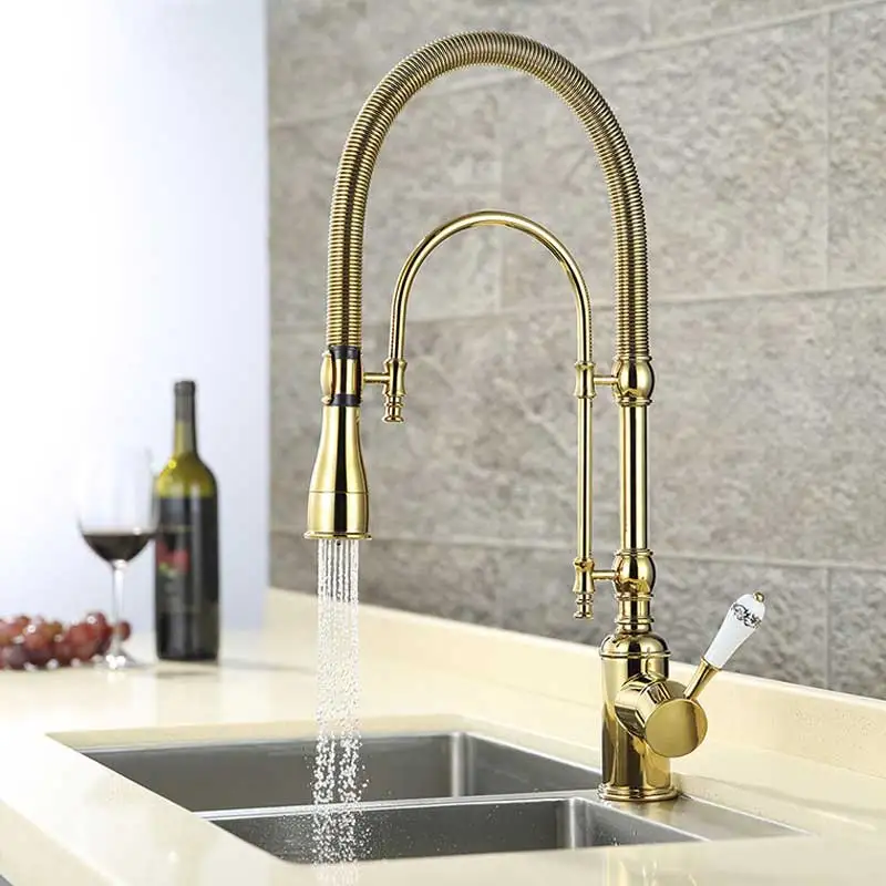 

Pull Down Kitchen Faucet Golden / Chrome cold hot Rinse Laundry Sink Mixer Tap Spring Premium Solid Brass Luxurious