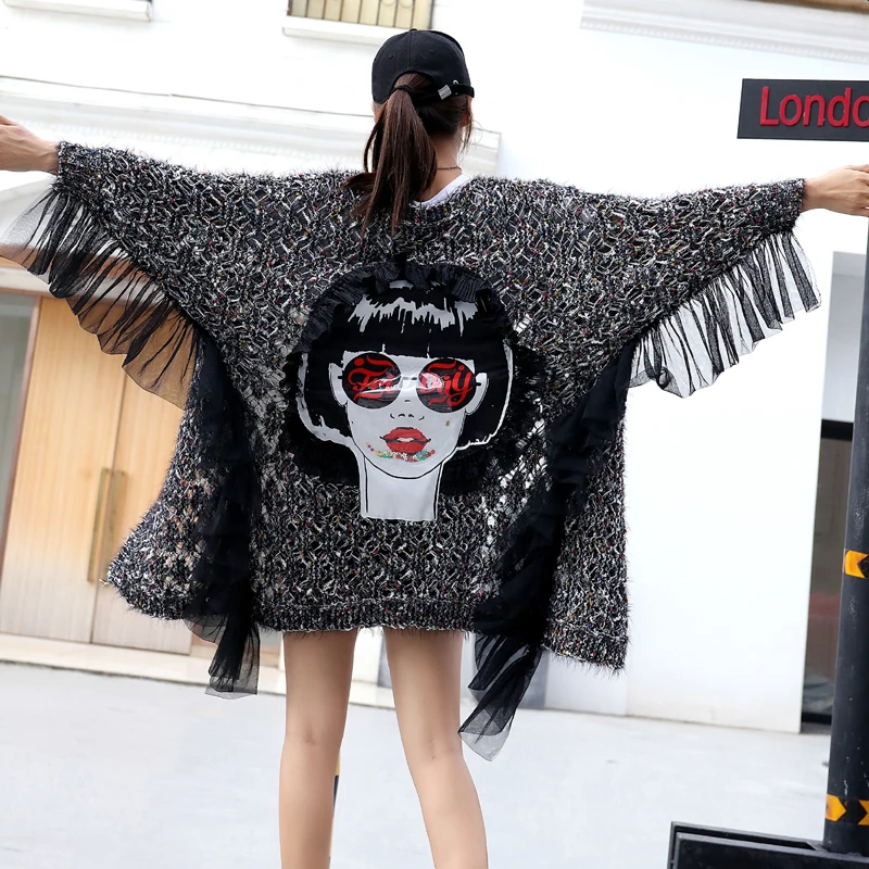 girl 2018 autumn and winter Thailand tide brand back beauty sweater ruffled bat sleeve large size long women Large |