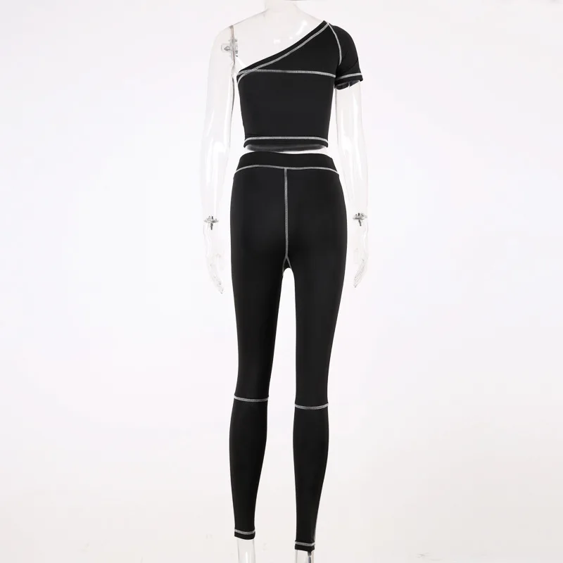 Chicology на одно плечо кроп топ длинные штаны Леггинсы Лоскутная линия женский 2 из двух частей комплект набор летнее летний лето сексуальные женское снаряжение