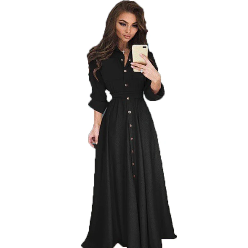 Новинка 2019 Осеннее однобортное облегающее Платье макси с длинным рукавом