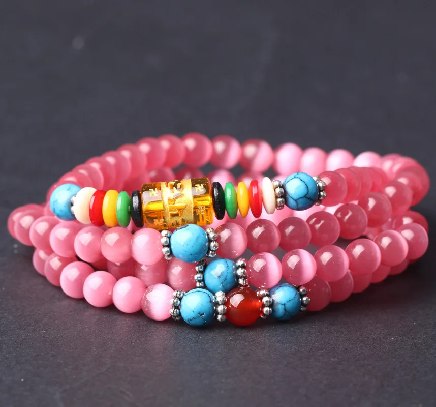 Pink Opal Натуральный камень голубой песчаник бисера Multilayer108 браслет из Малахита шарм браслеты для женщин и мужчин опал ювелирные изделия - Окраска металла: Pink Opal