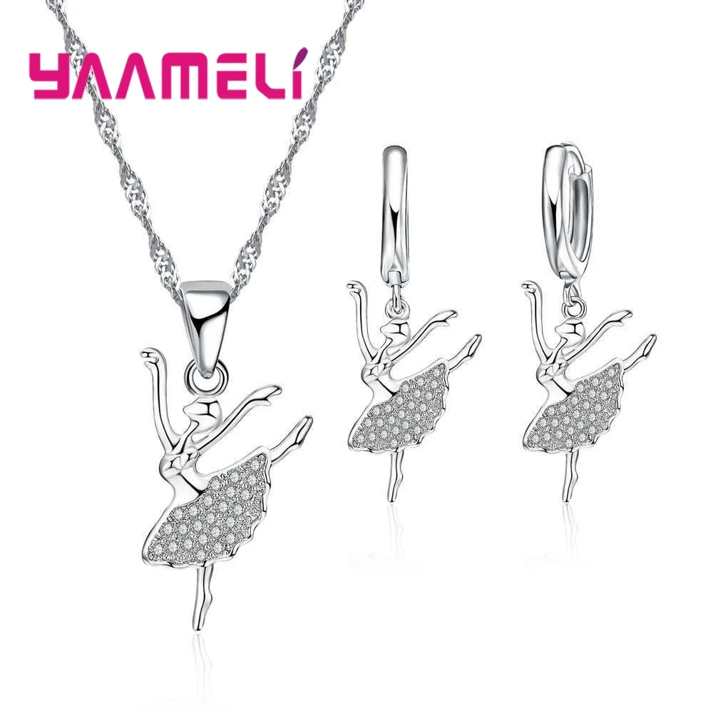 

Party 925 Sterling Silver Statement Necklaces Earrings Set For Women Fashion Dancing Girl Jewelry Sets With CZ Zircon