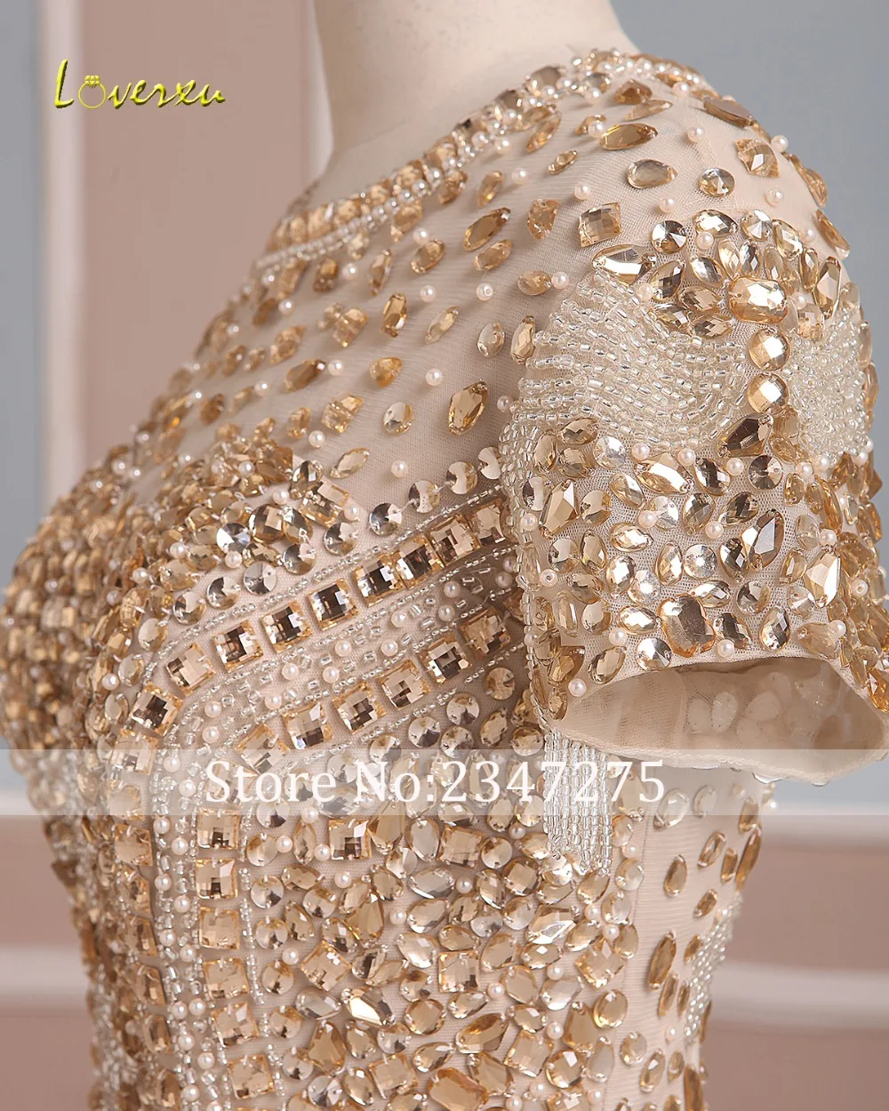 

Loverxu Luxury Beaded Short Sleeve Crystal Mermaid Evening Dress 2019 Vintage O-neck Zipper Party Gown Robe De Soiree Plus Size