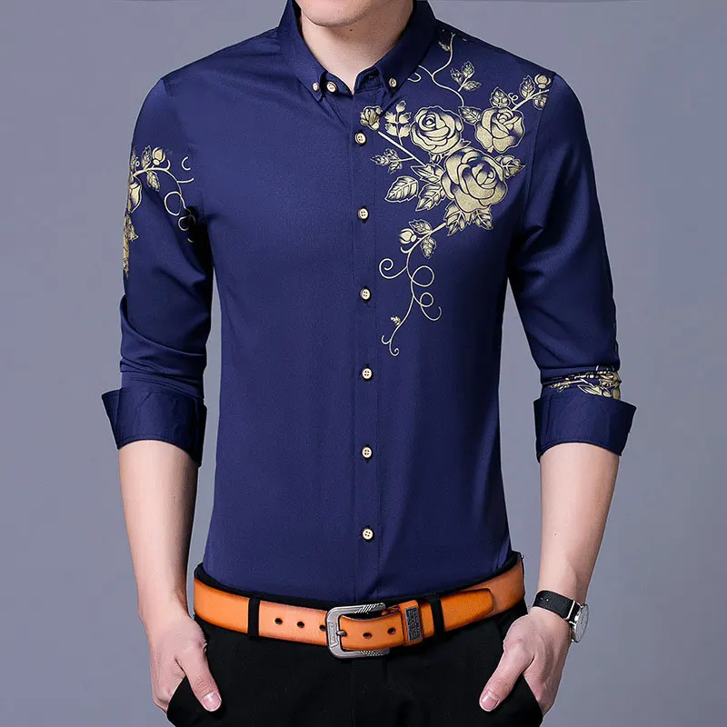 Черная Мужская рубашка с принтом золотых роз осень 2018 новинка приталенная