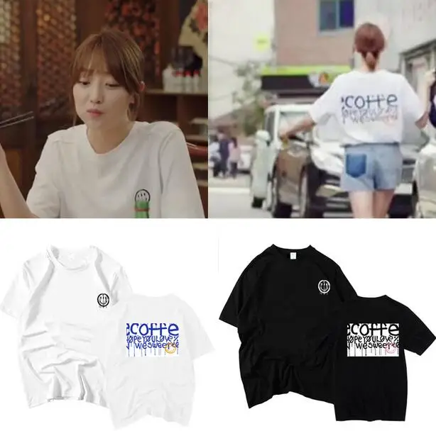 Корейская Драма Kpop черно белая футболка с принтом того же смайлика и букв модная