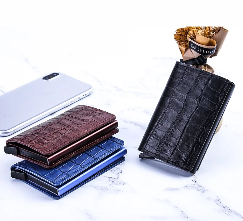 Weduoduo крокодиловой кожи держатель для Карт RFID алюминия высокого качества из металла мужской держатель для кредитных карт с RFID Блокировка мини-кошелек