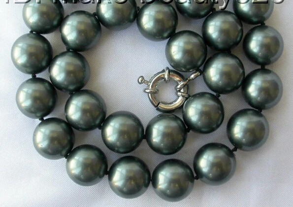 

free shipping stunning big 14mm round Tahiti black south sea shell pearl necklace AAA