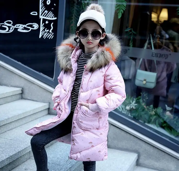 

Rlyaeiz High Quality Winter Jackets For Girls 2018 Fashion Colorful Fur Collar Raindrop Printed Girl's Thick Warm Parka Coats