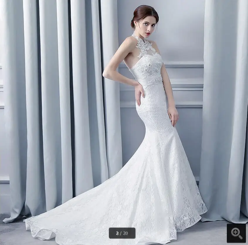 2017 стильное белое кружевное свадебное платье с лямкой на шее Русалка Кружева