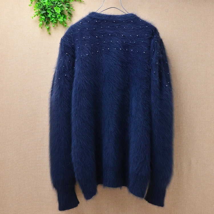 

Female vintage hand knitted soft fuzzy angora rabbit fur loose beading cardigan long sleeves mink cashmer sweater coat winter