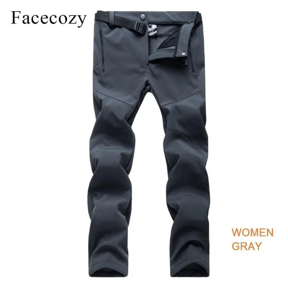 Facecozy, зимние мужские и женские флисовые походные брюки, внутренний флис, водонепроницаемые, плюс походные брюки, уличные ветрозащитные треккинговые брюки - Цвет: Women Gray