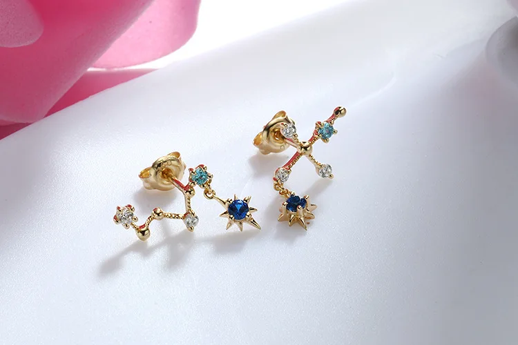 Trendy 9K Pure Real Yellow Gold Big Dipper Star Pierced Earrings for Women Girl Fancy Solid Stud Fine Engagement Jewelry Gift
