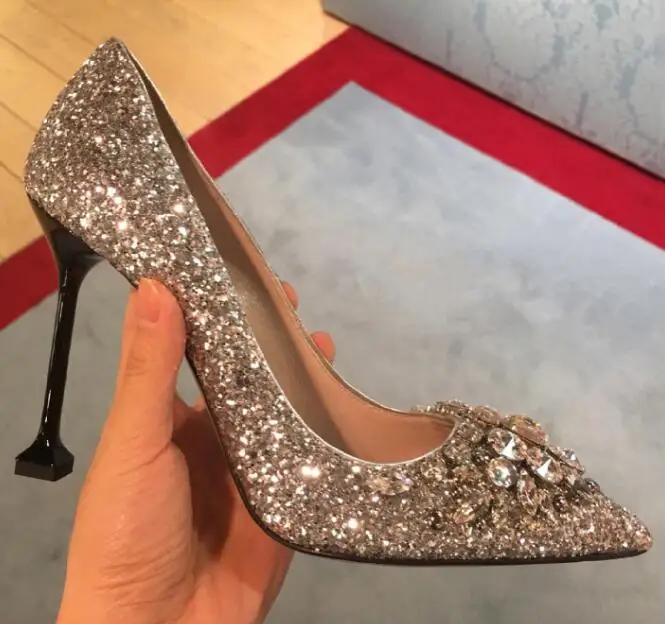 

Carpaton Newest Pointed Toe High Heel Shoes Crystal Embellished Thin Heels Wedding Shoes Woman Slip on Stiletto Heels Silver