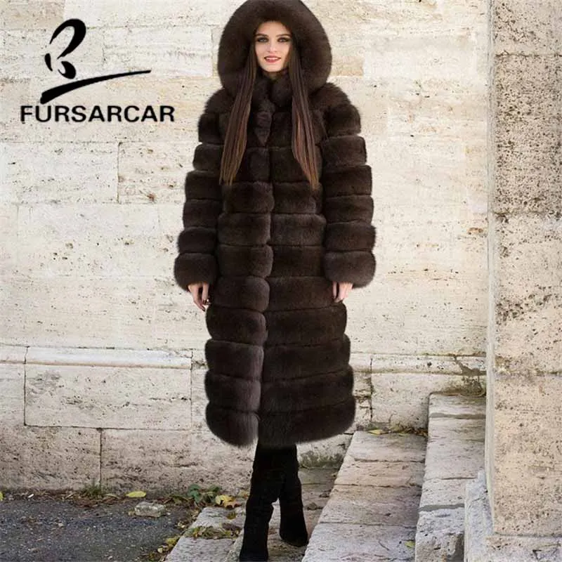 FURSARCAR 2018 Новое роскошное пальто из натурального Лисьего меха с меховым капюшоном