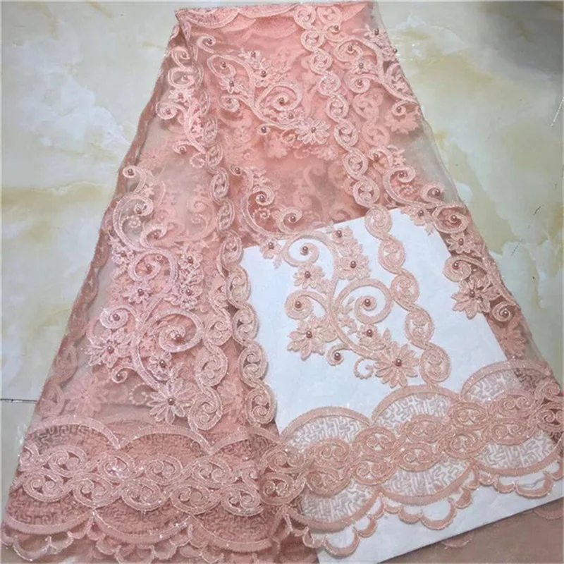 

Sequins Lace Fabric pink beads High Quality African Evening Dress Fabrics New Nigeria Sequined Embroidered Mesh Net Lace Fabric