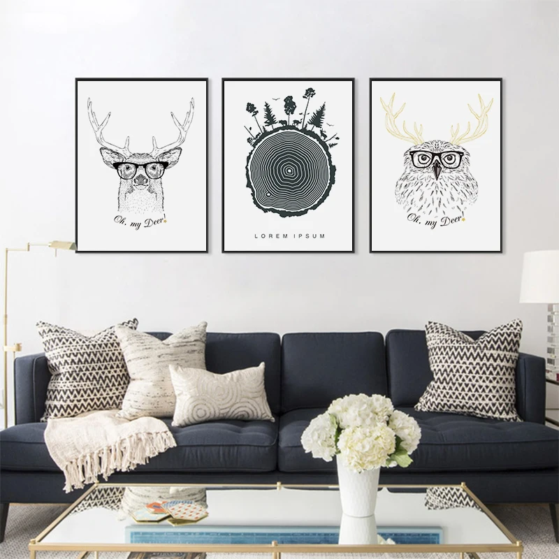 Sen Cartoon Cute Nordic Minimalist Owl Animal Pattern Background Painting Core Decorative Modern No Frame | Дом и сад