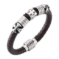 brown braided leather cross bracelet men jewelry punk stainless steel magnetic clasp trendy bracelets bangles male gifts sp0138