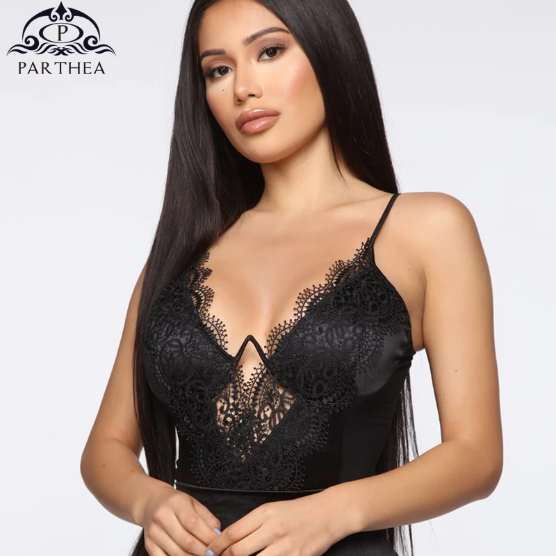 Parthea Black Lace Bodysuit Women Sexy Hollow Out Mesh Stitching Elastic Slim Jumpsuit Summer V-neck See Through Body Mujer 2019 | Женская