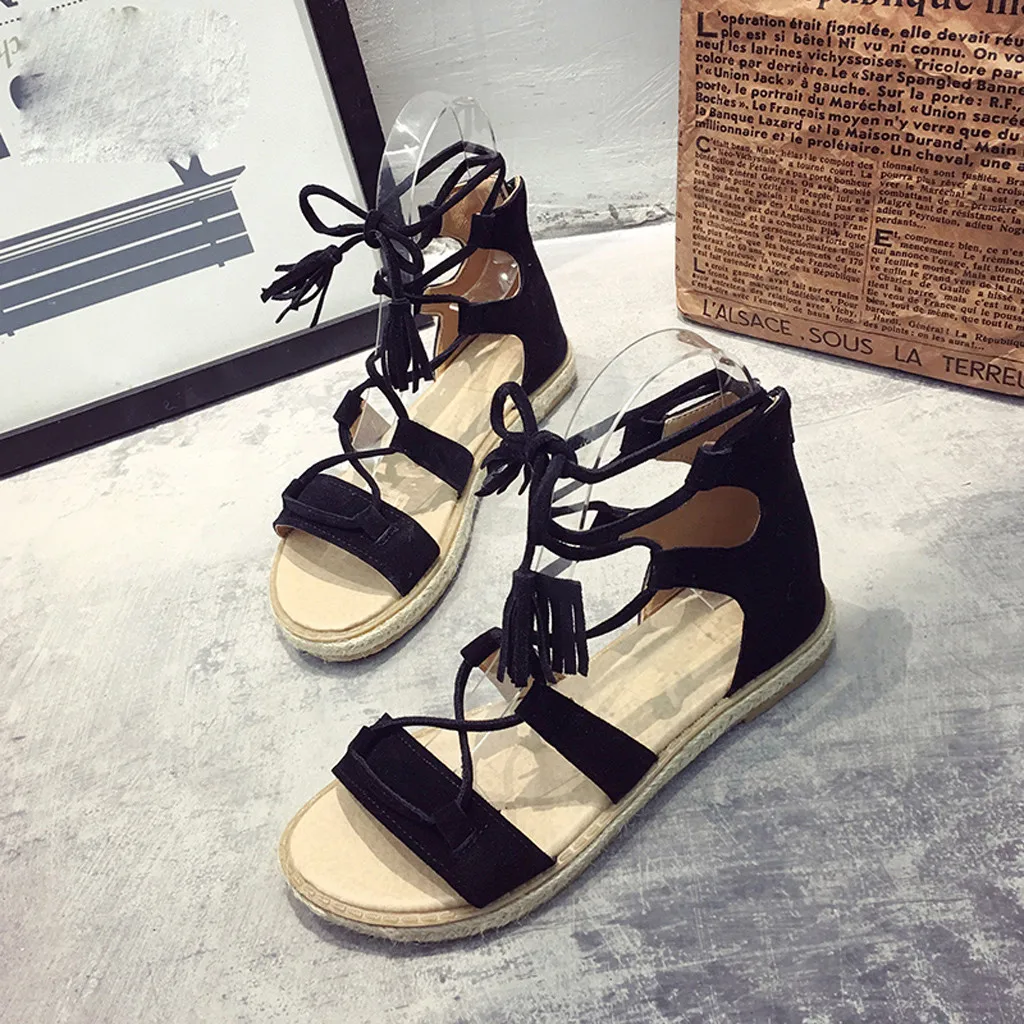 

Retro Summer Sandals Women Tassel Peep Toe Lace-Up Flats Shoe Ladies Roman Sandals Sandalia Feminina 2019