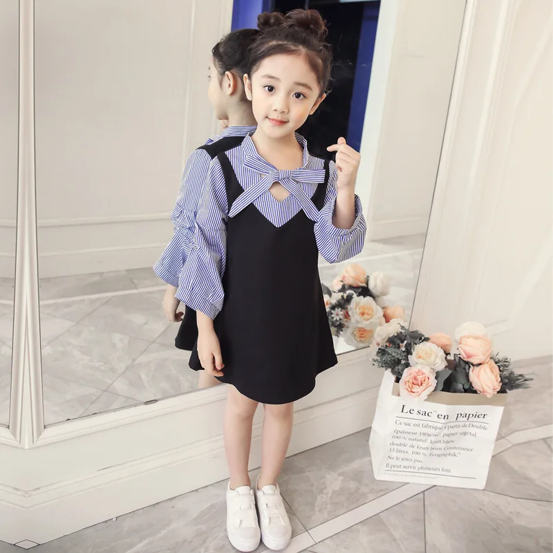 Yummylemon Stripe Girl Dress Knee-length Casual Bow A-line Three Quarter Plaid Batwing Sleeve Asymmetrical Princess | Детская одежда и