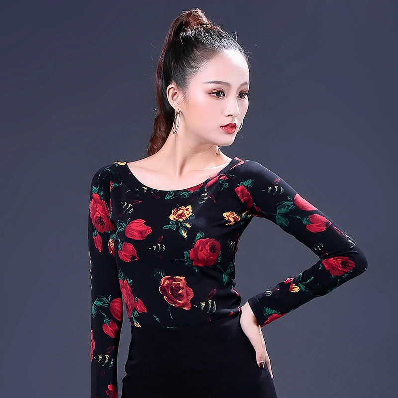 

Latin Dance Tops Female Adult Flower Long-Sleeved Clothes Modern Ballroom Cha Cha Salsa Dancing Practice Top For Women DL3151