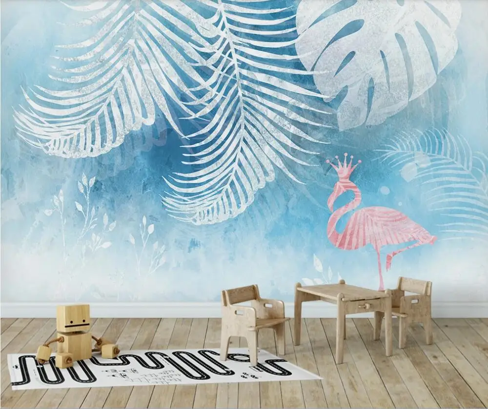 Nordic modern minimalist fantasy hand-painted tropical plant leaves flamingo background wall 3D mural wallpaper | Обустройство дома