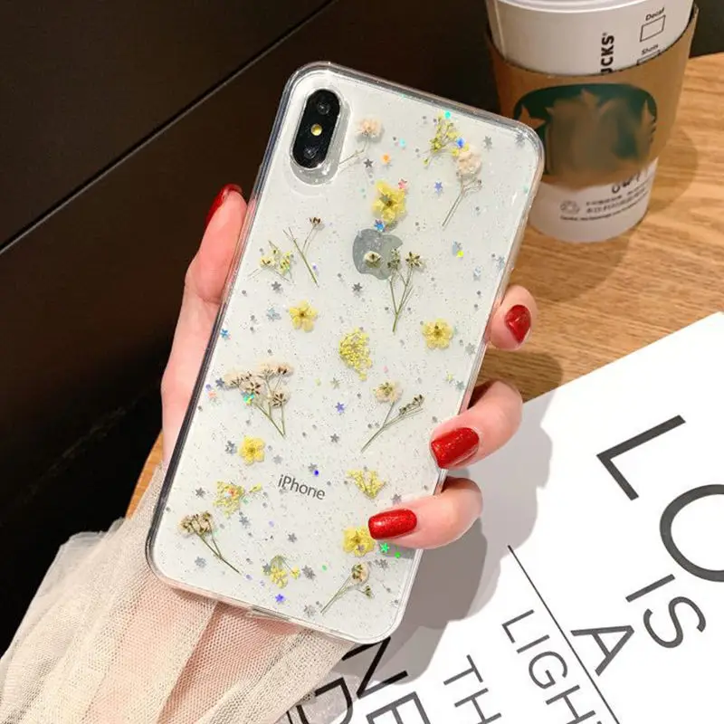 Реальный сухой цветок блеск прозрачных чехлов для iPhone 12Pro 11 Pro Max 8 7 6 6S Plus X XR XS