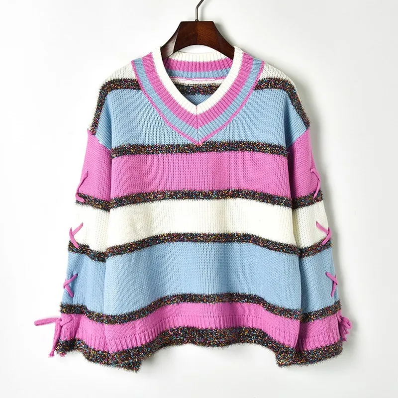 Colors Striped Oversized Sweaters 2018 Winter Glitter Lazy Long Sleeve Lace Up V Neck Pullover Loose Women's Sweater Trui Dames | Женская