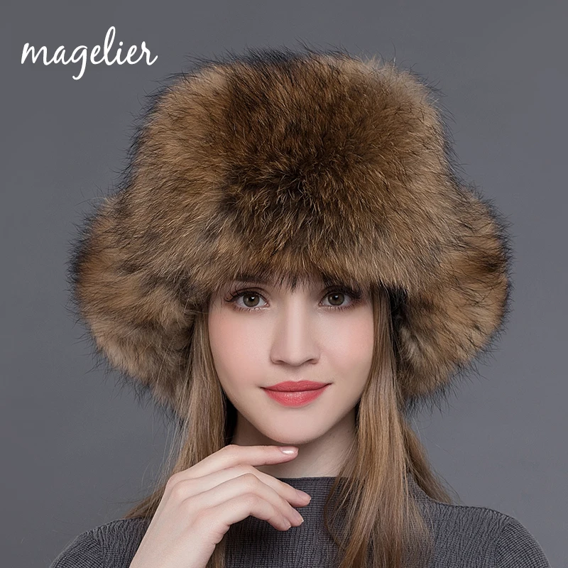 Magier, женские меховые шапки, натуральный мех енота и лисы, русская ушанка, зимние теплые уши, модные шапки-Бомберы, Новое поступление, MZW009