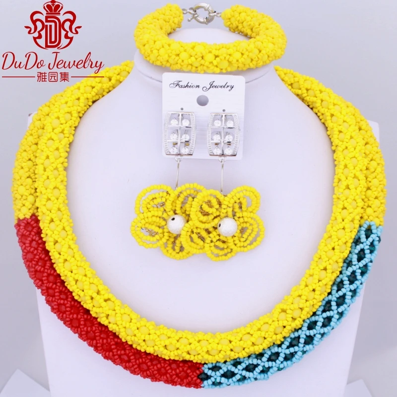 

2018 Multicolor African Beads Jewelry Sets Sea Blue Yellow Red Fashionable Dubai Women Nigerian Jewelry Turkish Celebrity New
