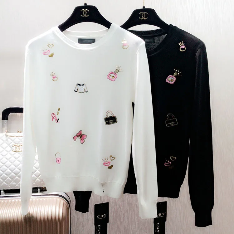 spring Korean fashion sweet college embroidery sweater long sleeved knit jacket students coat pullovers black white pink | Женская