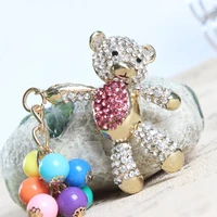 bear hot pink keyring arm move bead pearl balloon cute rhinestone crystal purse bag car key chain birthday party wedding gift